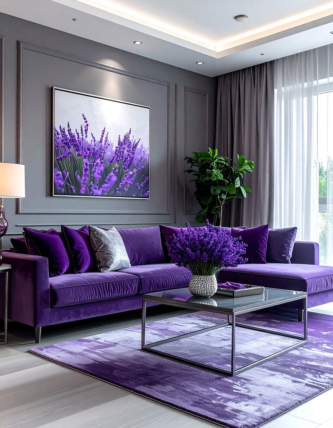 Grey and purple living room - 30 grey living room ideas