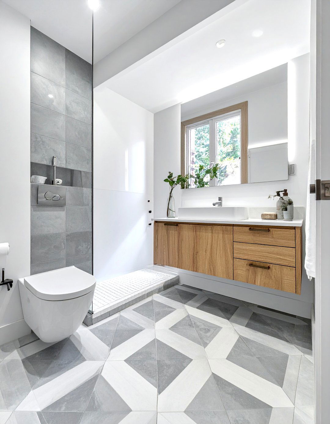 Grey and white geometric bathroom tile - 30 encaustic tile bathroom ideas