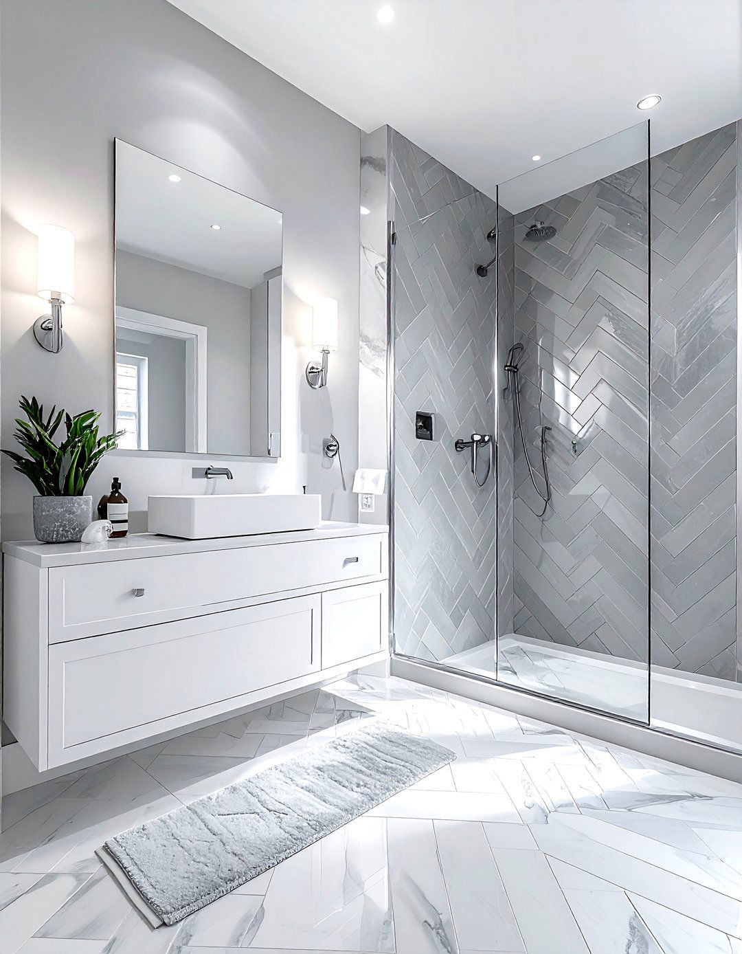 Grey and white herringbone tile bathroom - 30 grey and white bathroom ideas