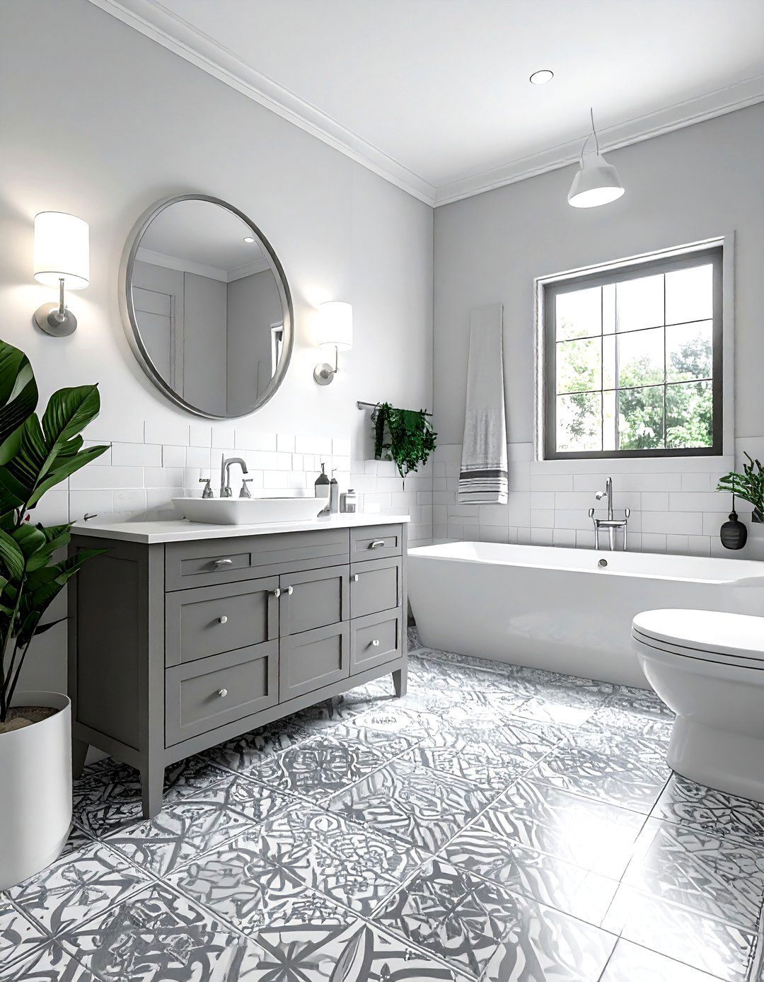Grey and white patterned floor bathroom - 30 grey and white bathroom ideas