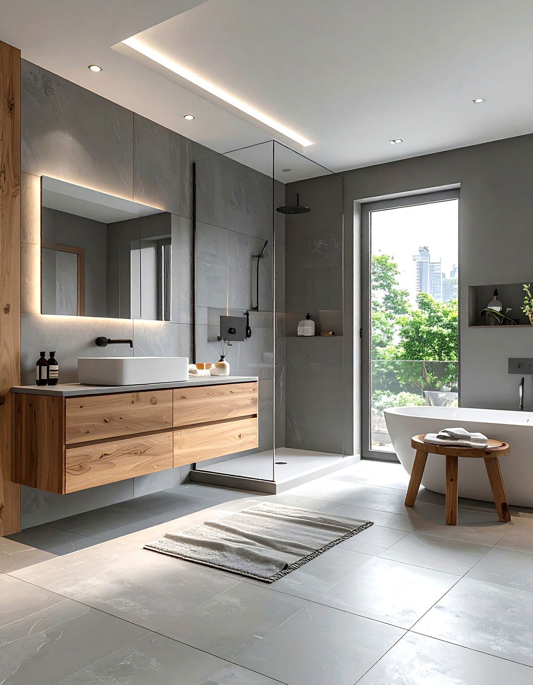 Grey bathroom with wood - 30 grey bathroom decor ideas