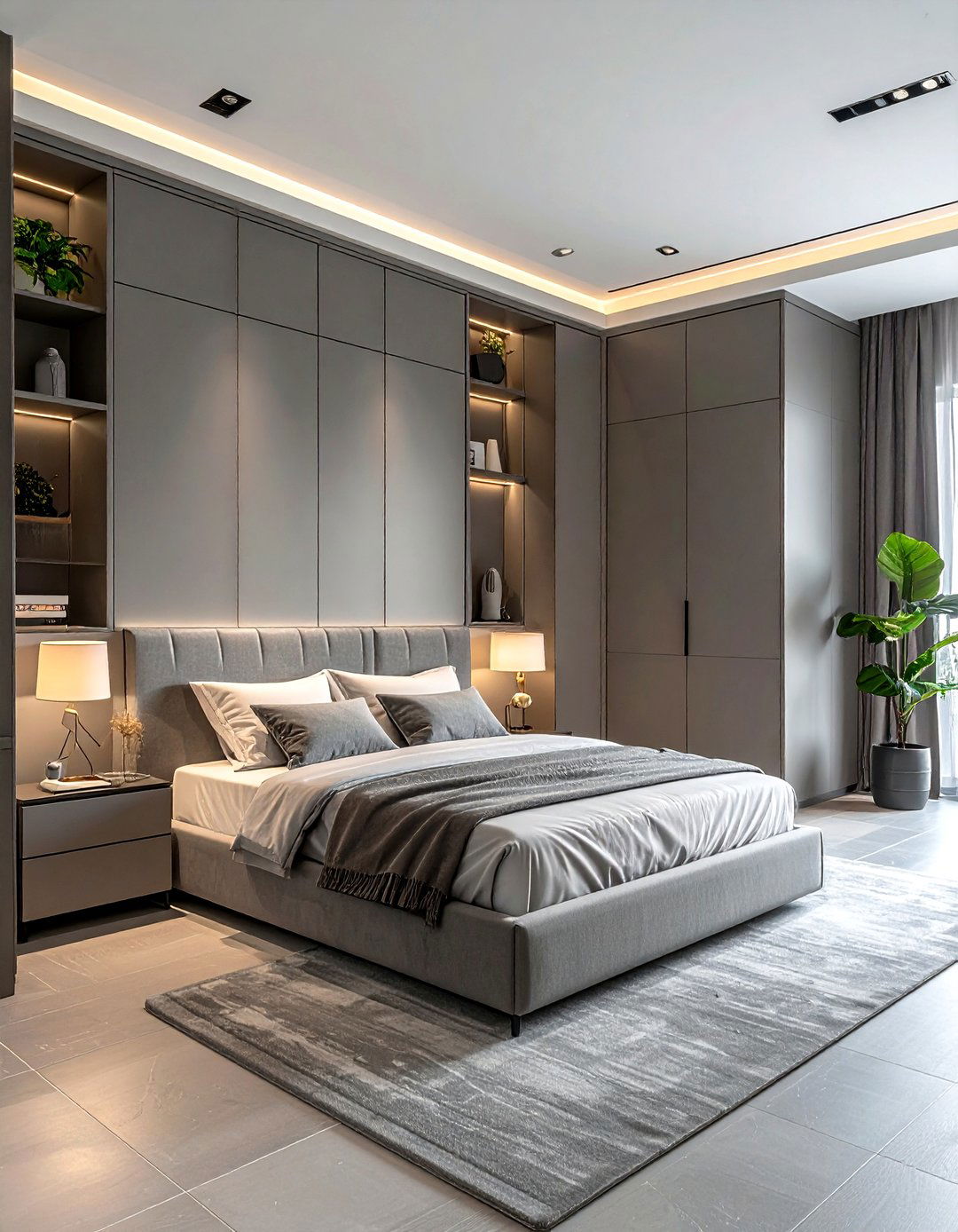 Grey bedroom with built in storage - 30 minimalist grey bedroom ideas