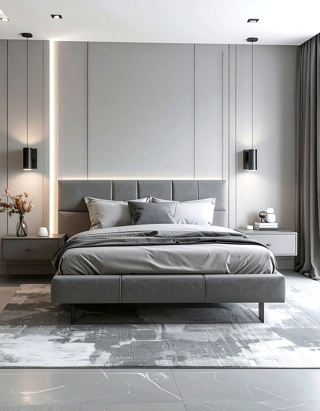 Grey bedroom with floating nightstands - 30 minimalist grey bedroom ideas