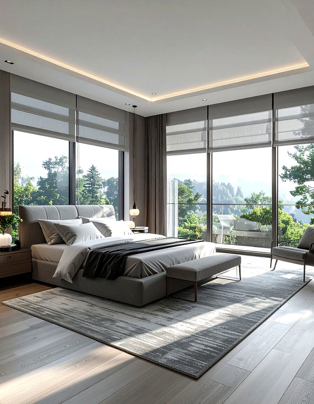 Grey bedroom with floor to ceiling windows - 30 minimalist grey bedroom ideas