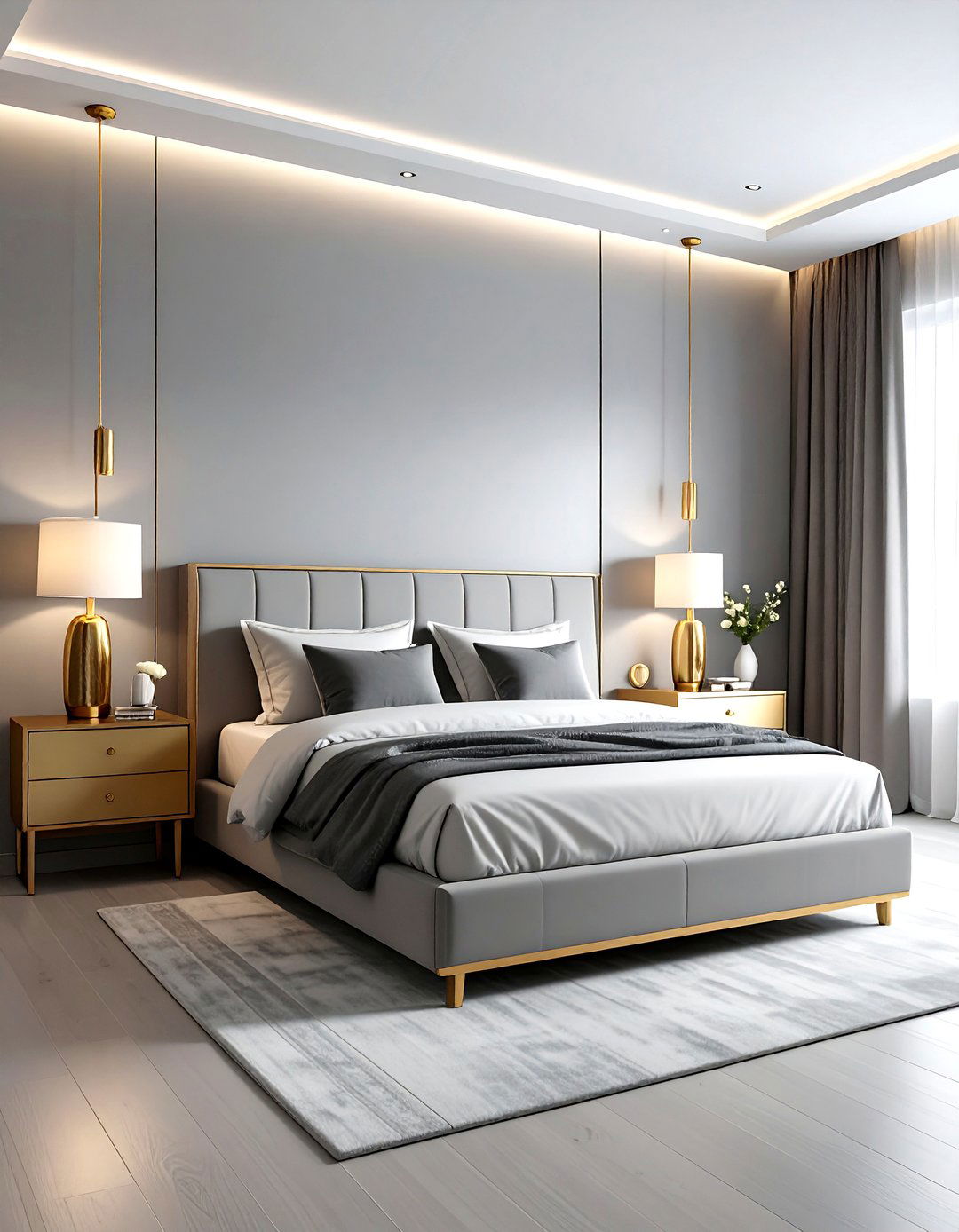 Grey bedroom with gold accents - 30 minimalist grey bedroom ideas