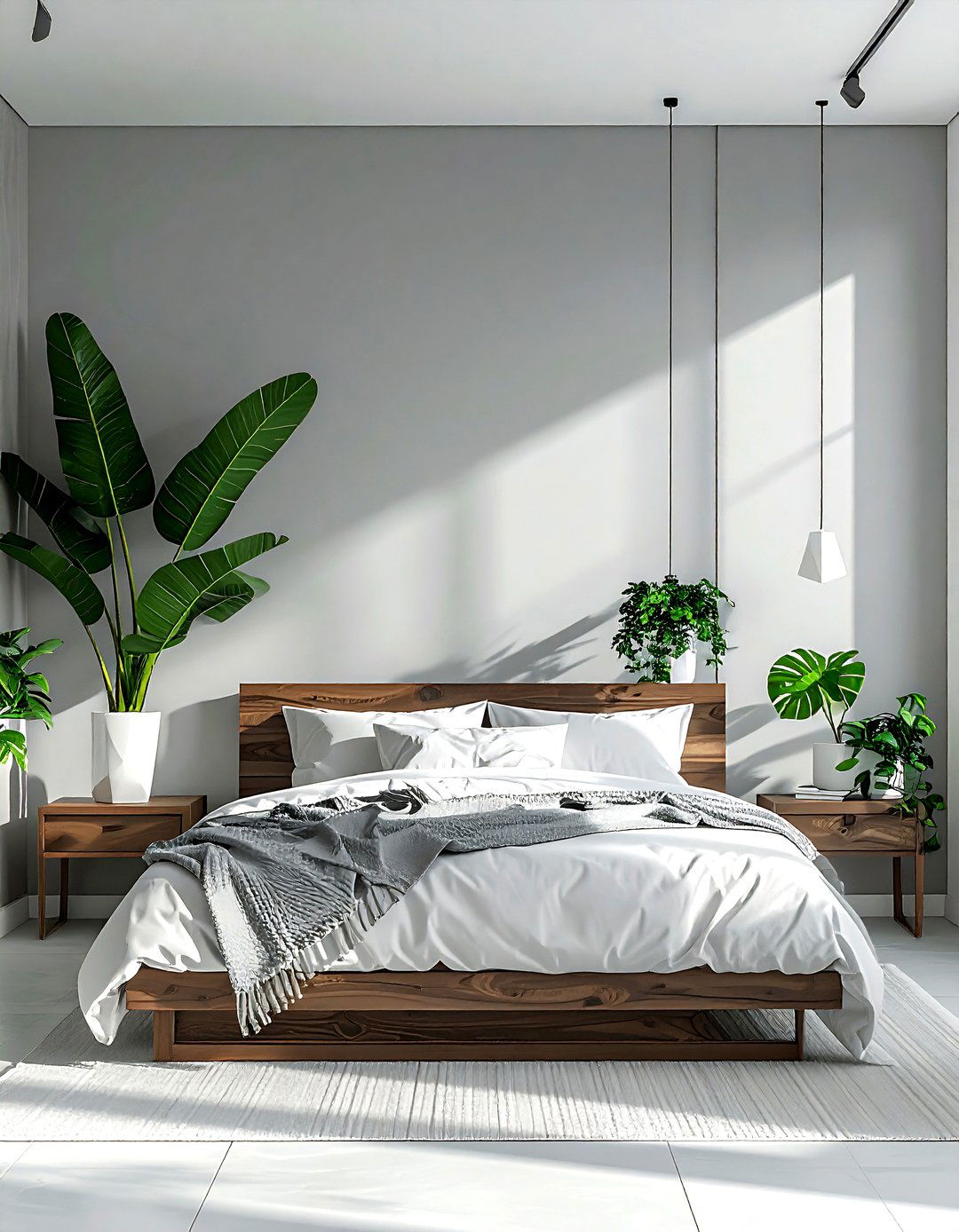 Grey bedroom with indoor plants - 30 minimalist grey bedroom ideas