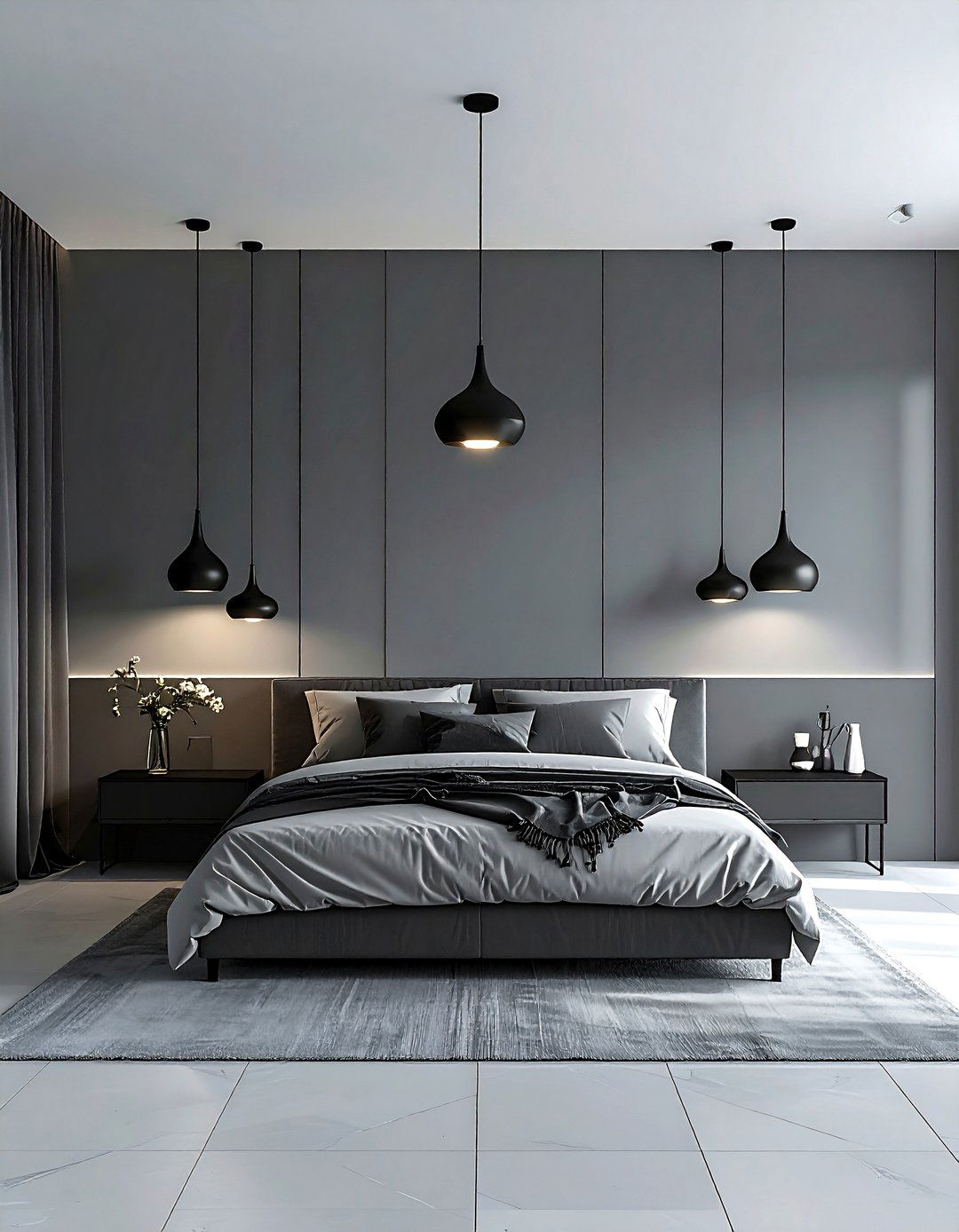 Grey bedroom with pendant lighting - 30 minimalist grey bedroom ideas