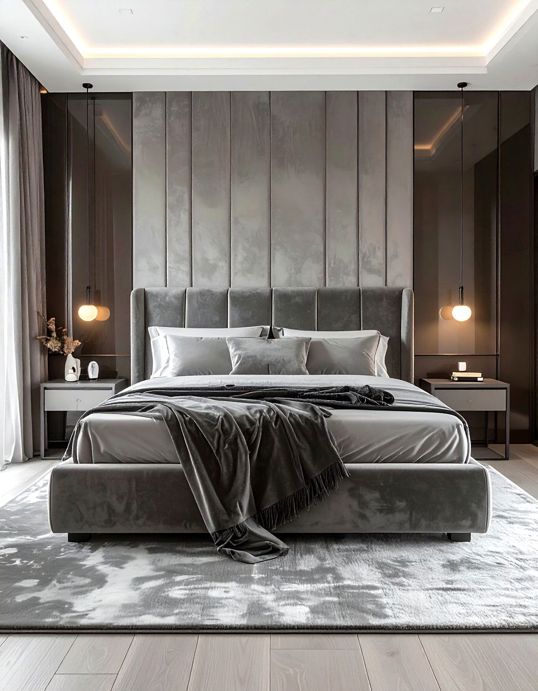 Grey bedroom with velvet textures - 30 minimalist grey bedroom ideas