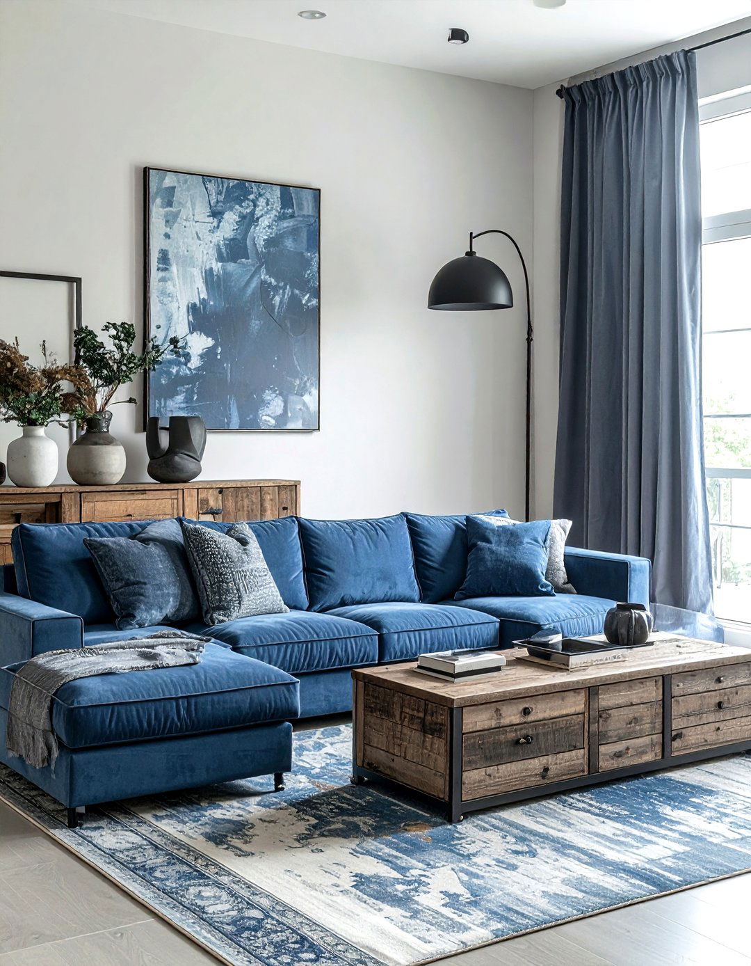 Grey blue sectional sofa living room - 30 industrial blue living room ideas