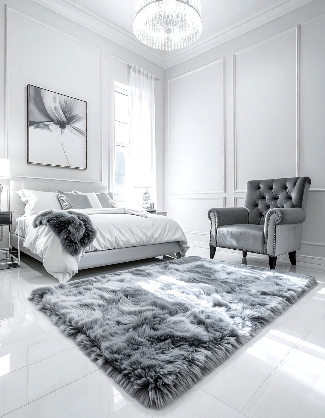 Grey faux fur rug - 30 grey bedroom accessories ideas