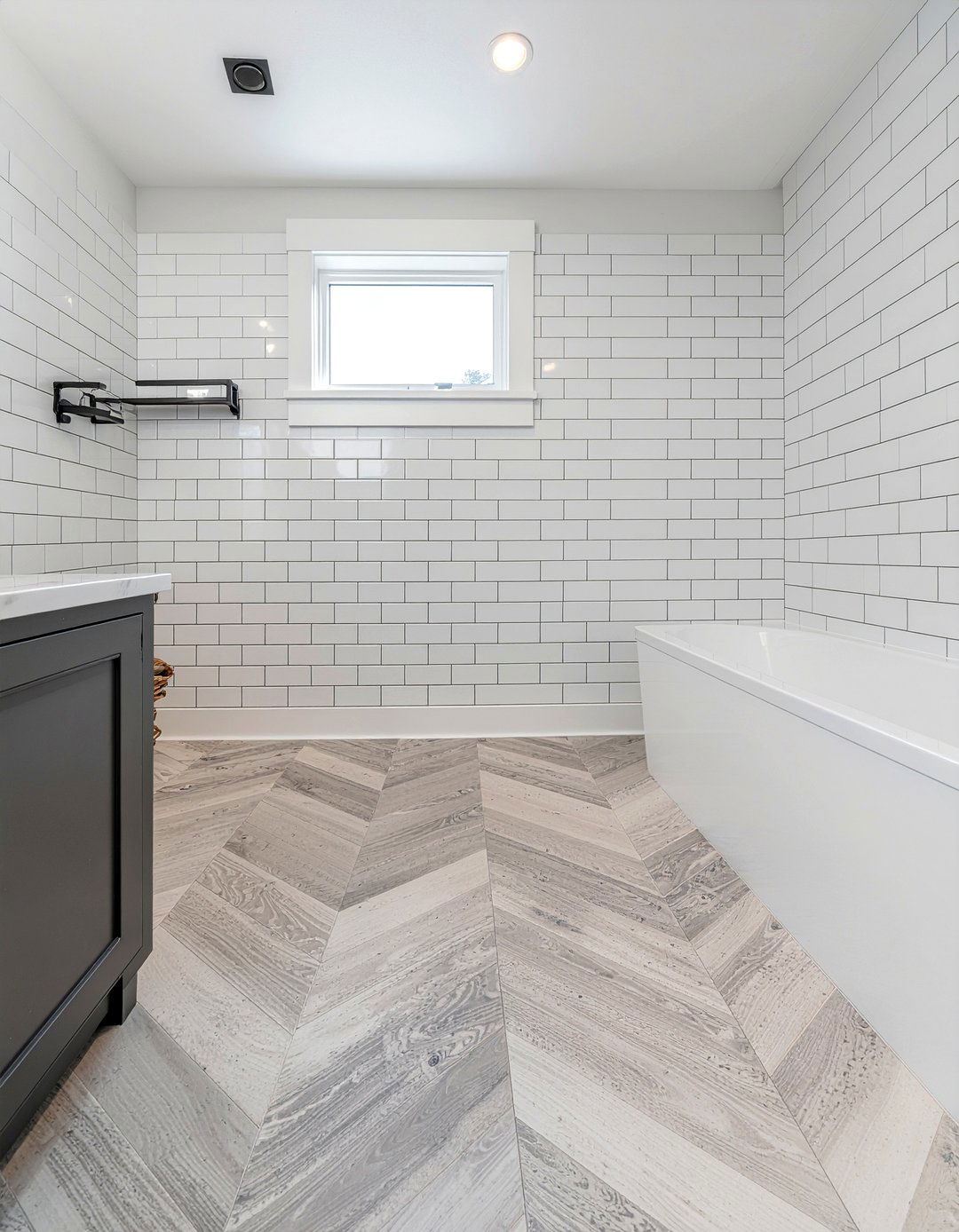 Grey herringbone bathroom floor - 30 herringbone tile bathroom ideas
