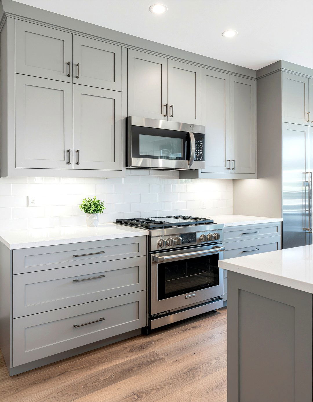 Grey kitchen cabinets with microwave over range - 30 over-the-range microwave kitchen ideas