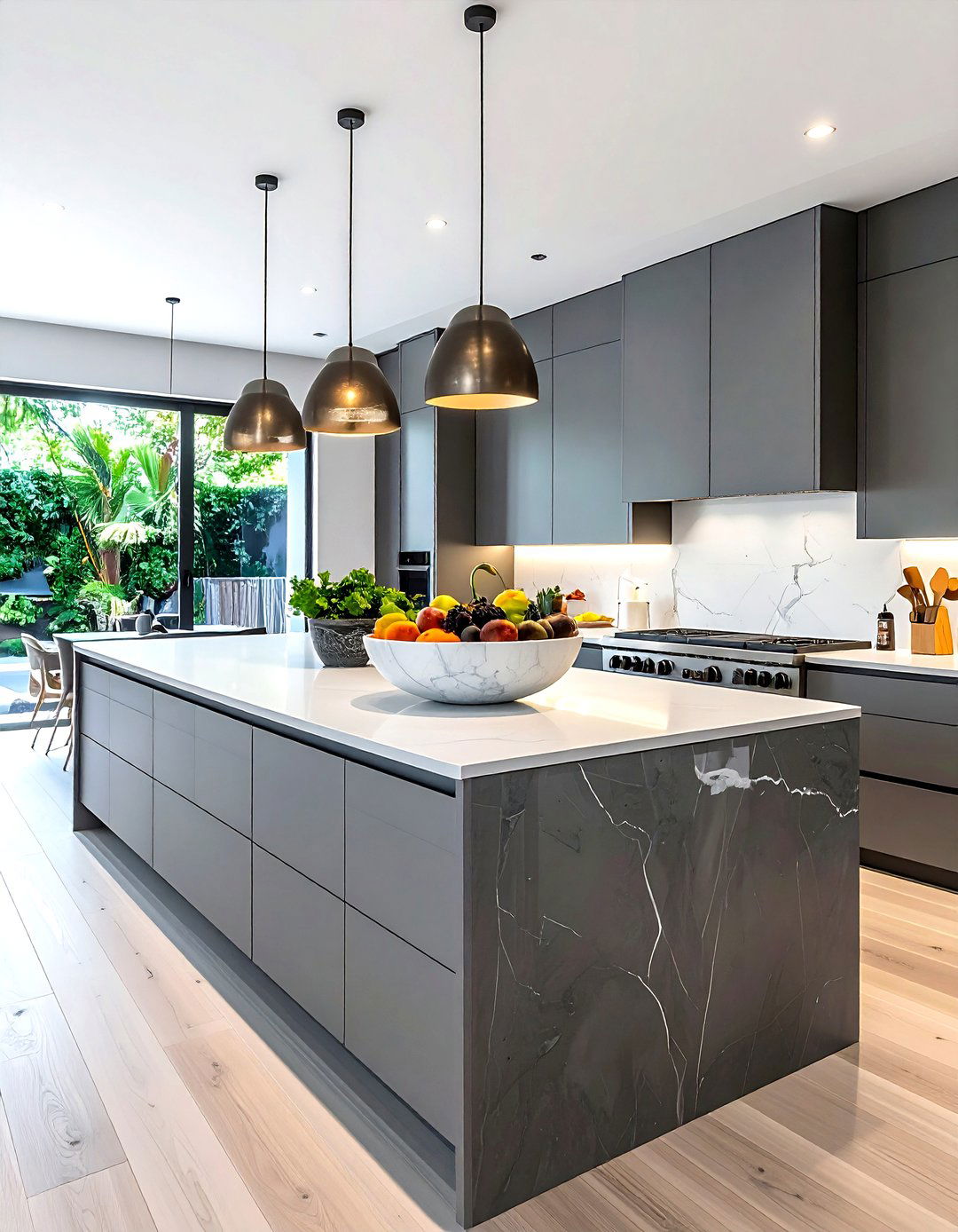 Grey kitchen island with quartz fruit bowl - 30 grey kitchen accessories ideas