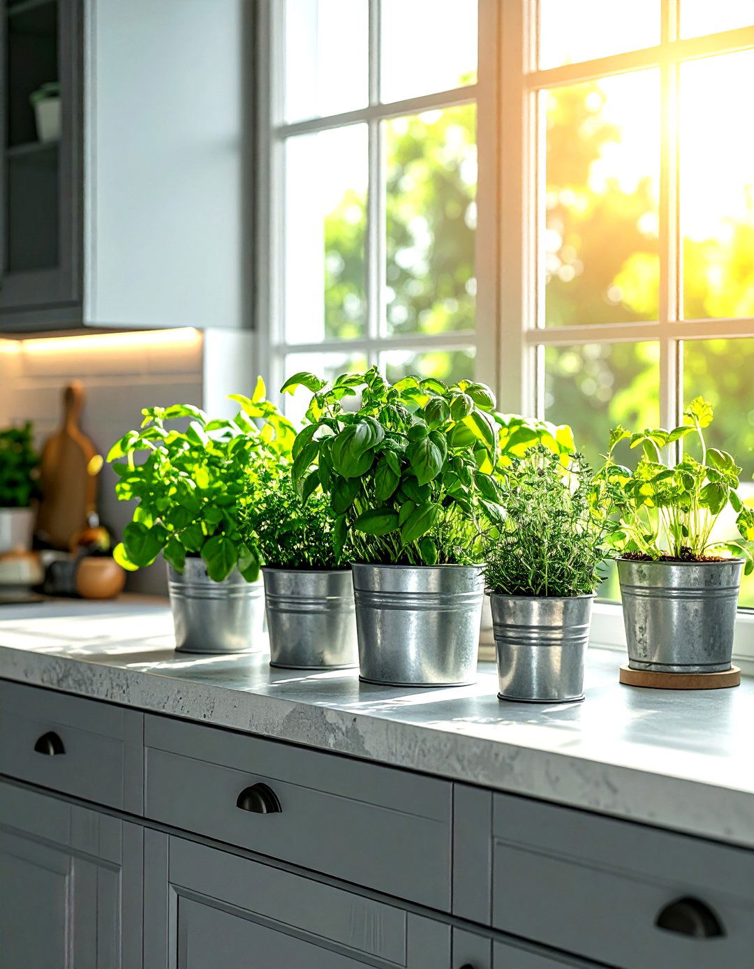 Grey kitchen with herb garden pots - 30 grey kitchen accessories ideas