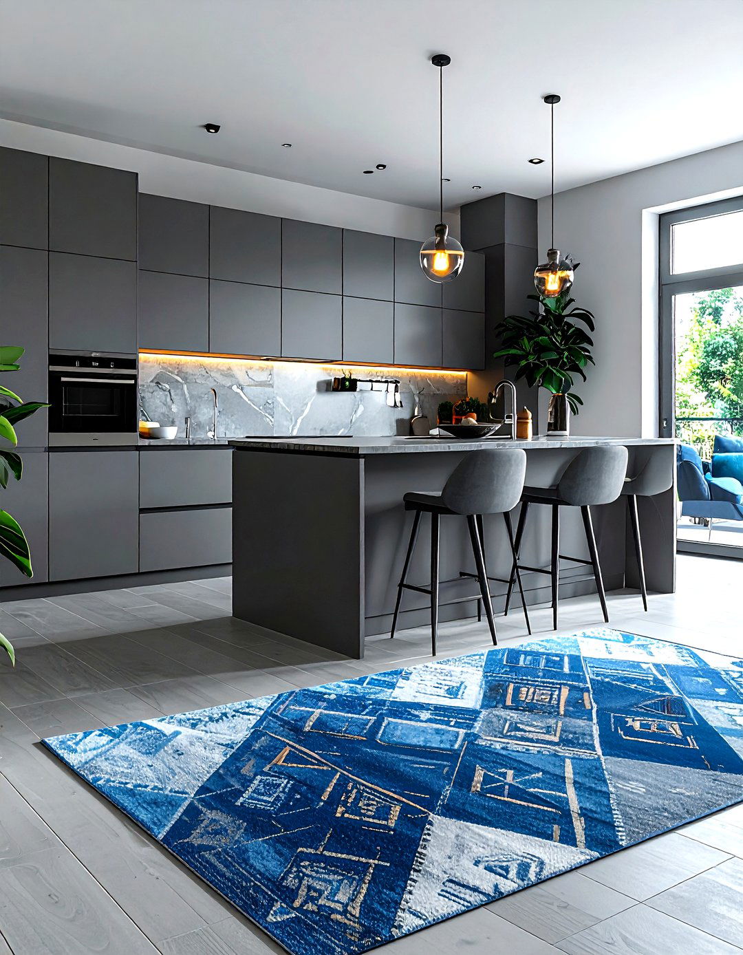Grey kitchen with patterned rug accents - 30 grey kitchen accessories ideas