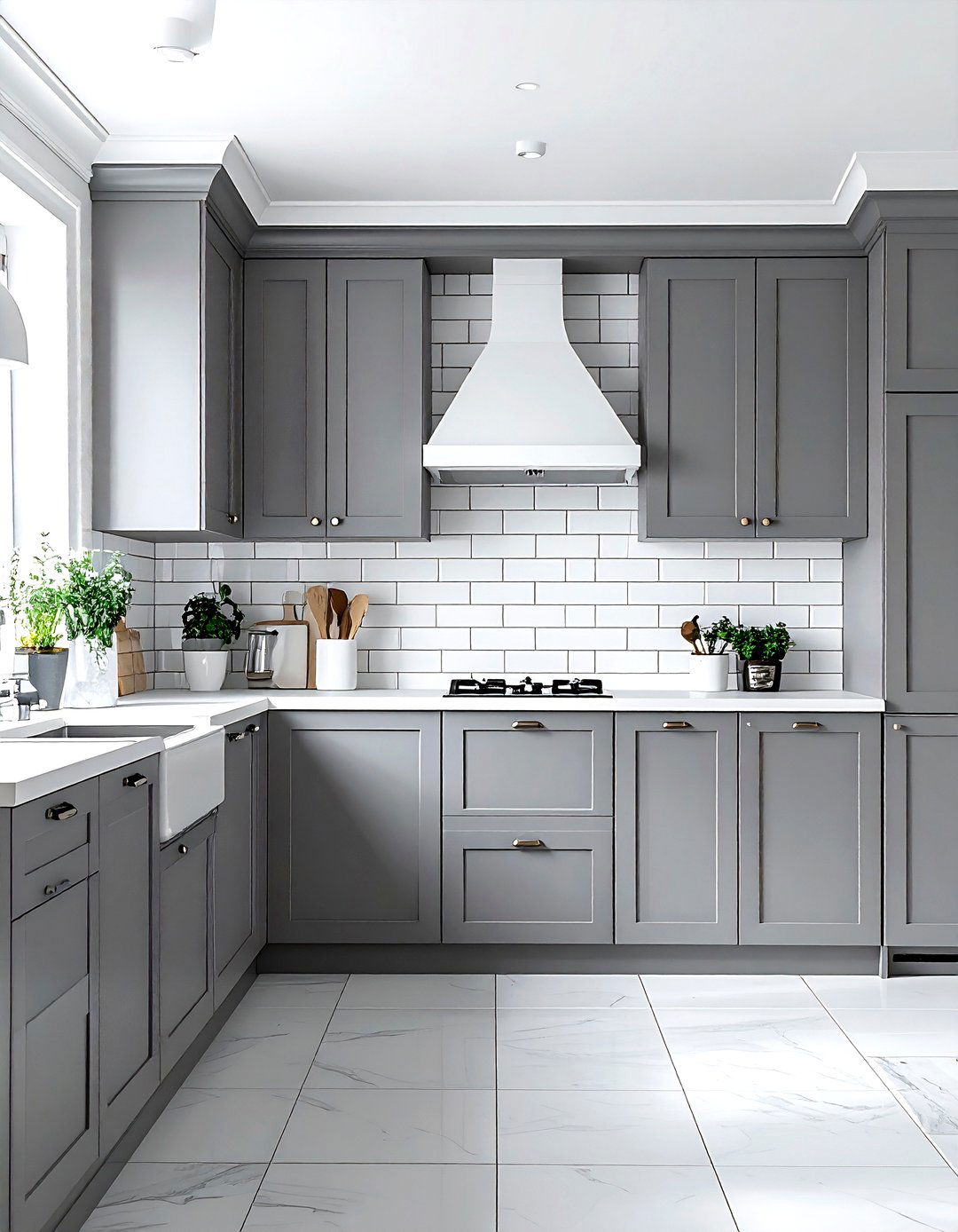 Grey kitchen with white subway tile decor - 30 grey kitchen accessories ideas