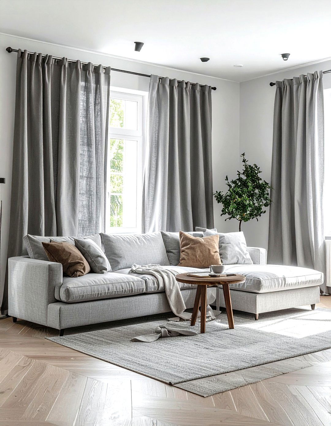 Grey linen curtains - 30 grey living room accessories ideas