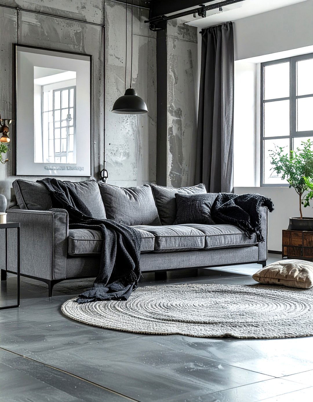 Grey linen sofa industrial - 30 industrial grey living room ideas