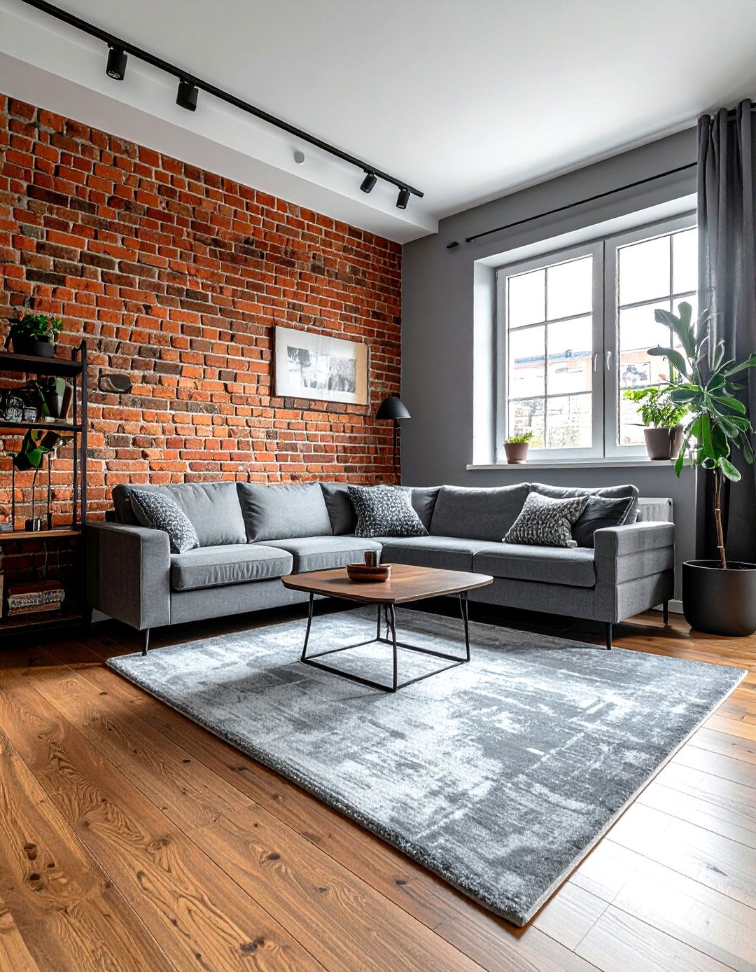 Grey living room with brick wall - 30 grey living room decor ideas