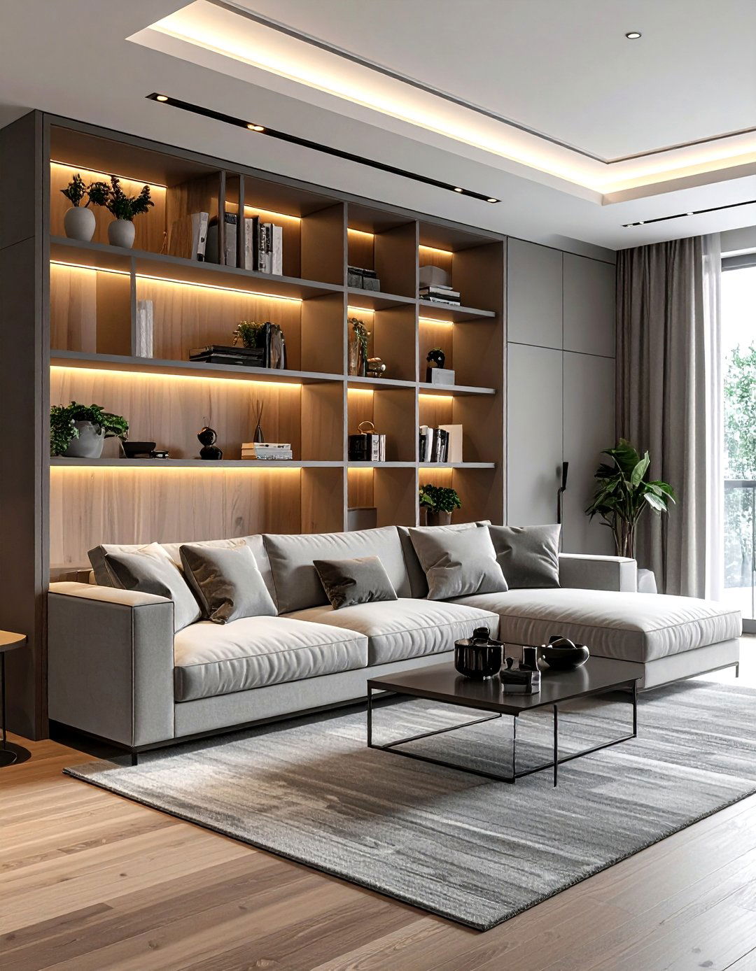 Grey living room with built in shelves - 30 contemporary grey living room ideas