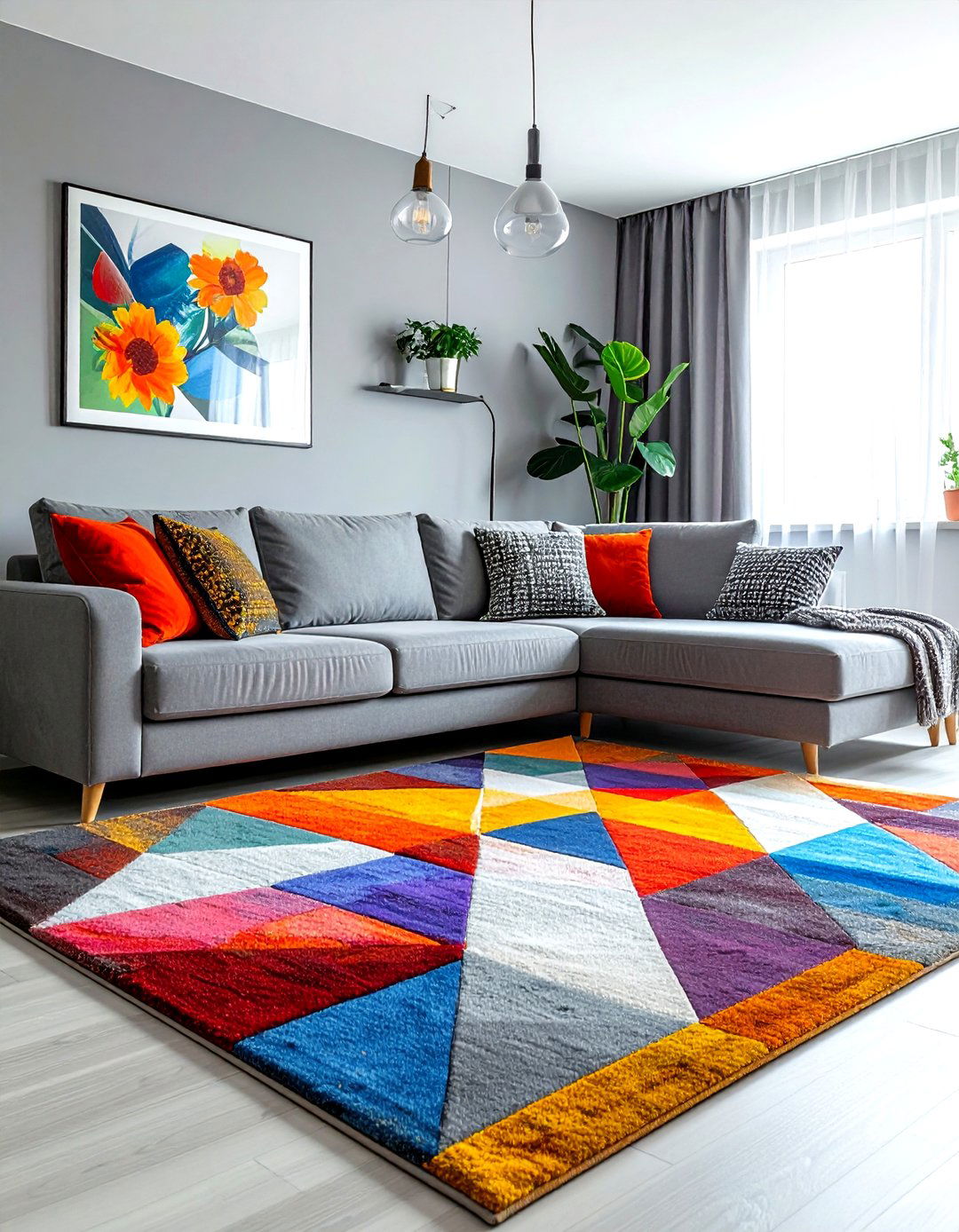 Grey living room with colorful rug - 30 contemporary grey living room ideas