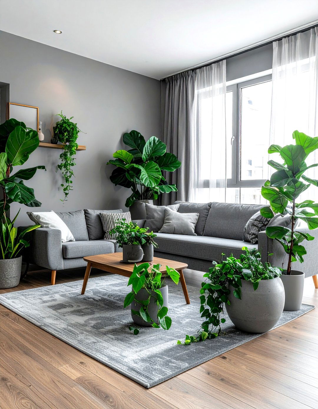 Grey living room with indoor plants - 30 contemporary grey living room ideas