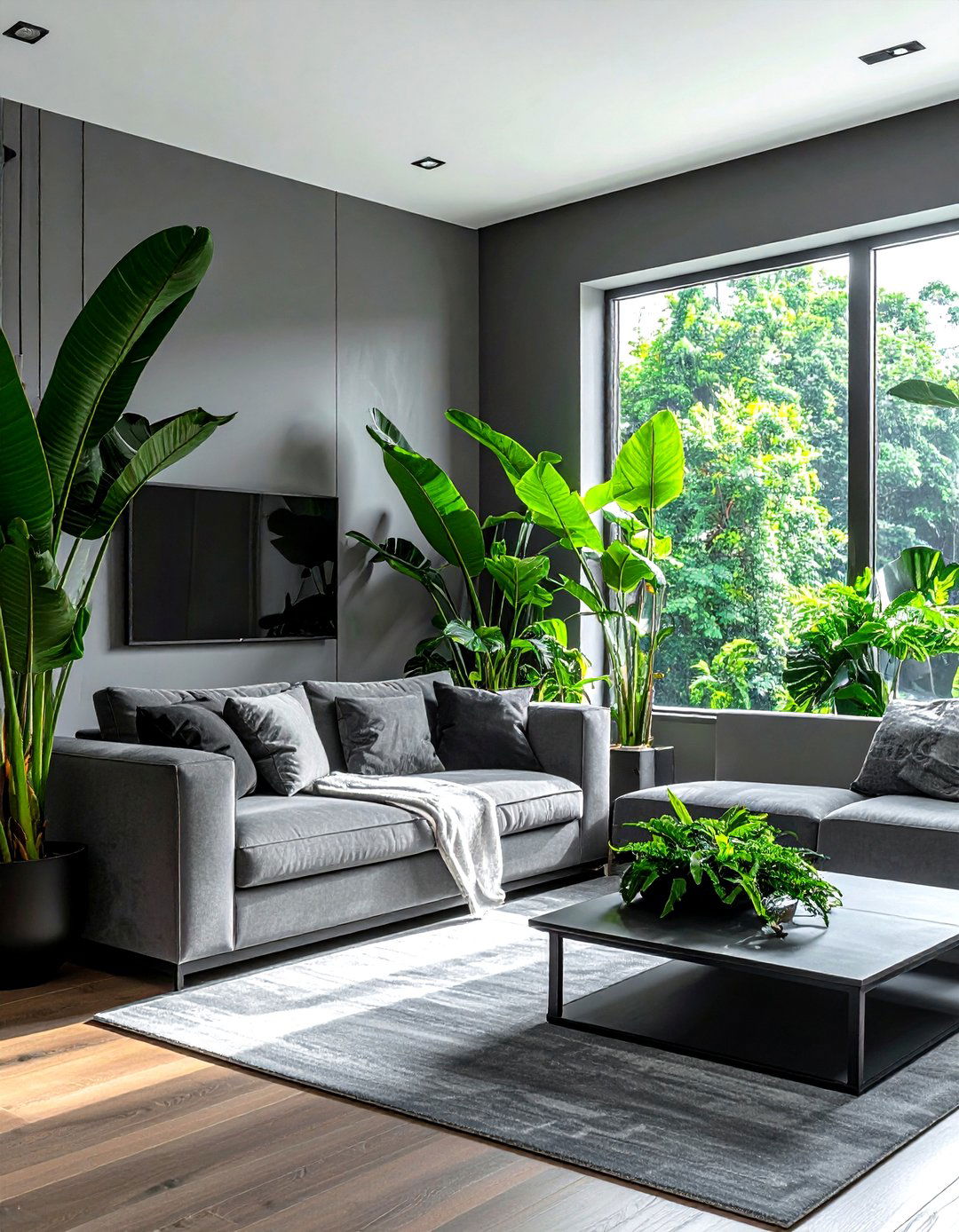 Grey living room with plants - 30 minimalist grey living room ideas