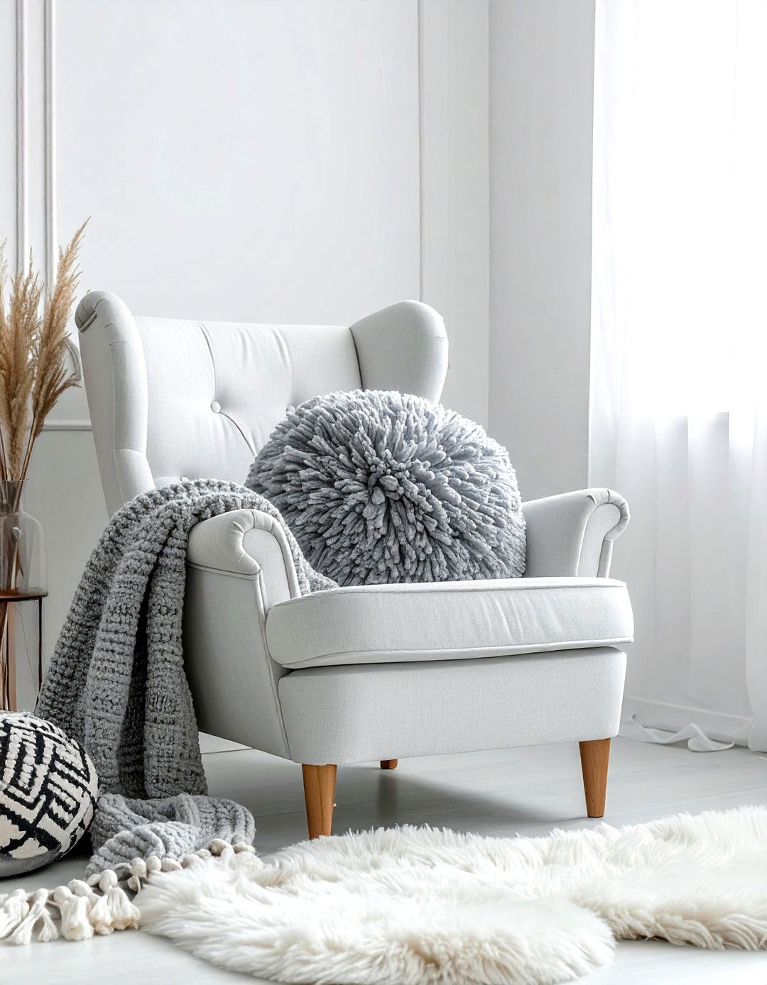 Grey pom pom cushion - 30 grey bedroom accessories ideas