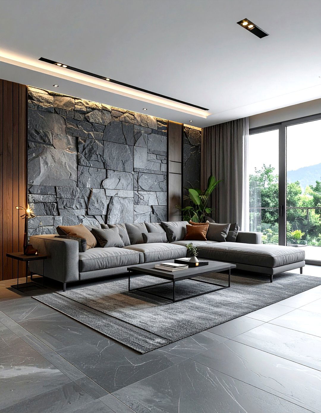 Grey stone living room - 30 minimalist grey living room ideas