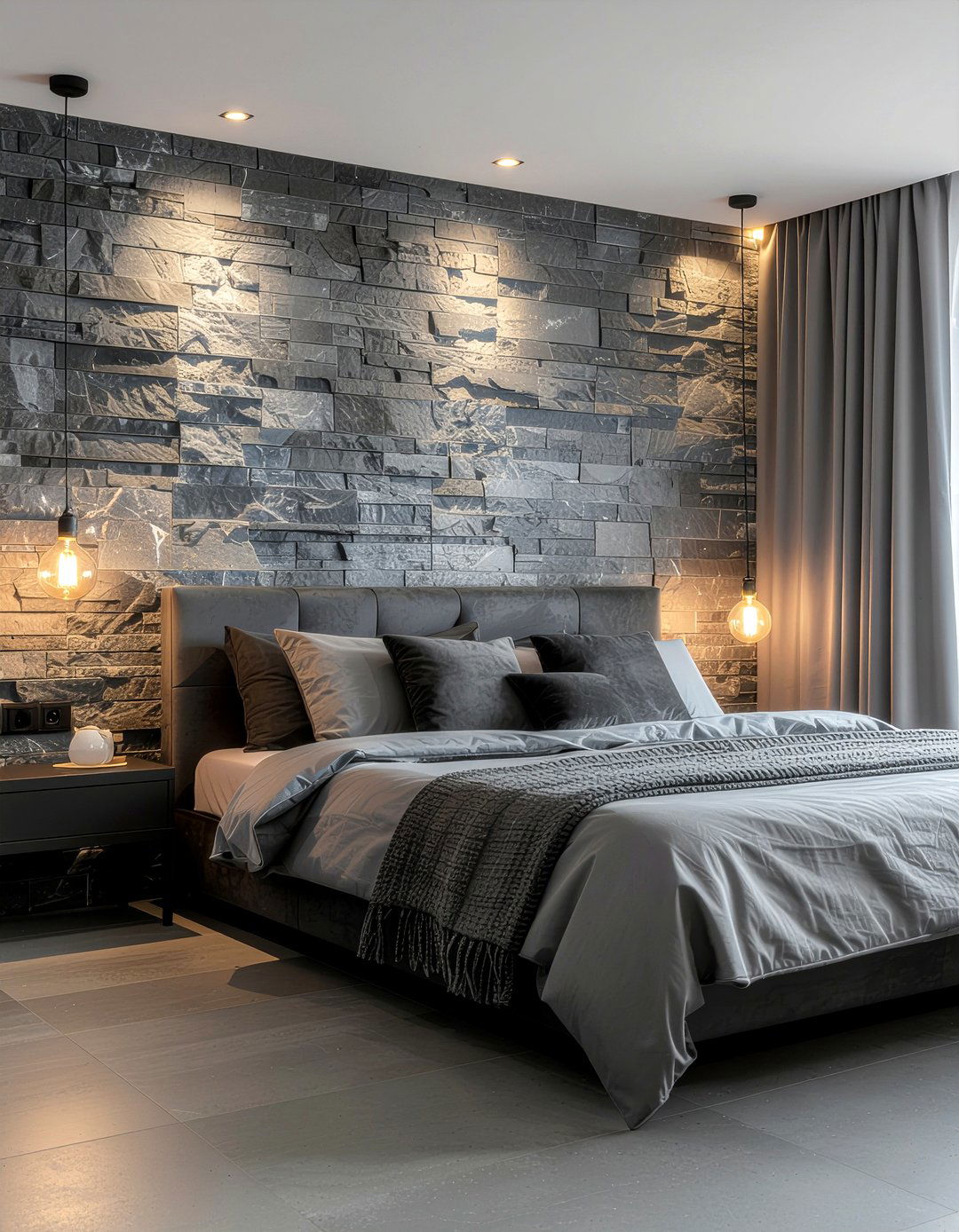 Grey stone wall - 30 bedroom stone wall ideas