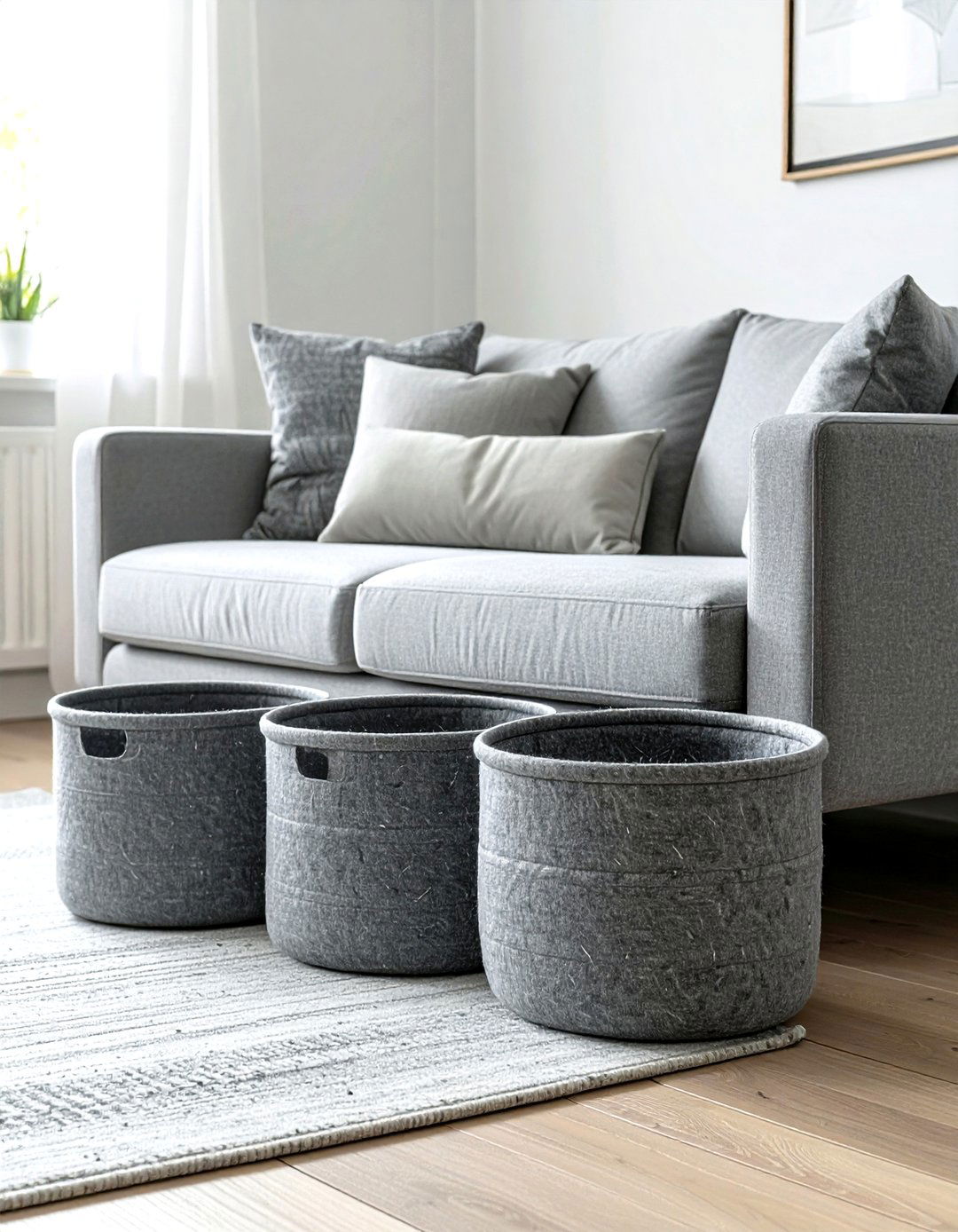 Grey storage baskets - 30 grey living room accessories ideas