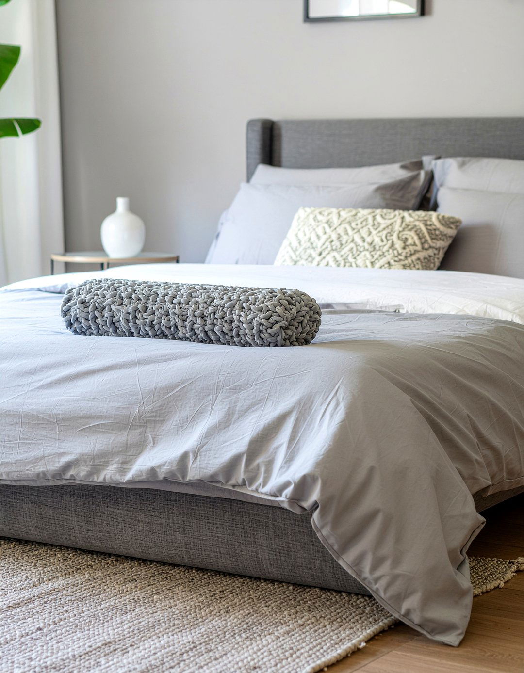 Grey textured boucle bolster - 30 bedroom bolster pillows