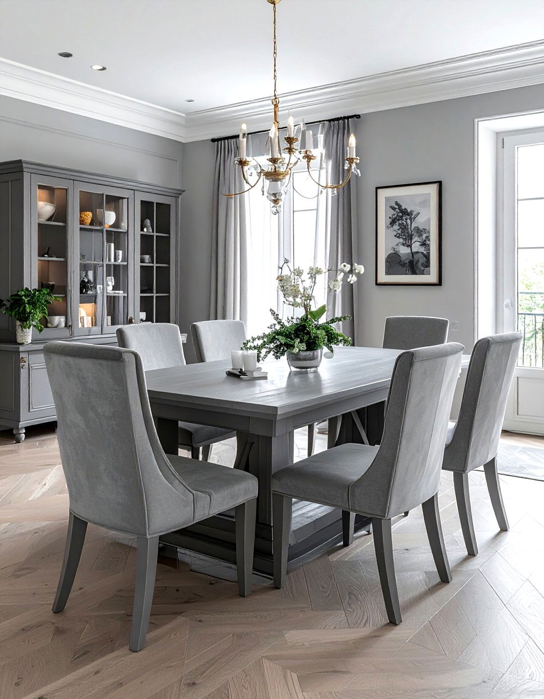 Grey trestle dining table set - 30 grey dining room furniture ideas