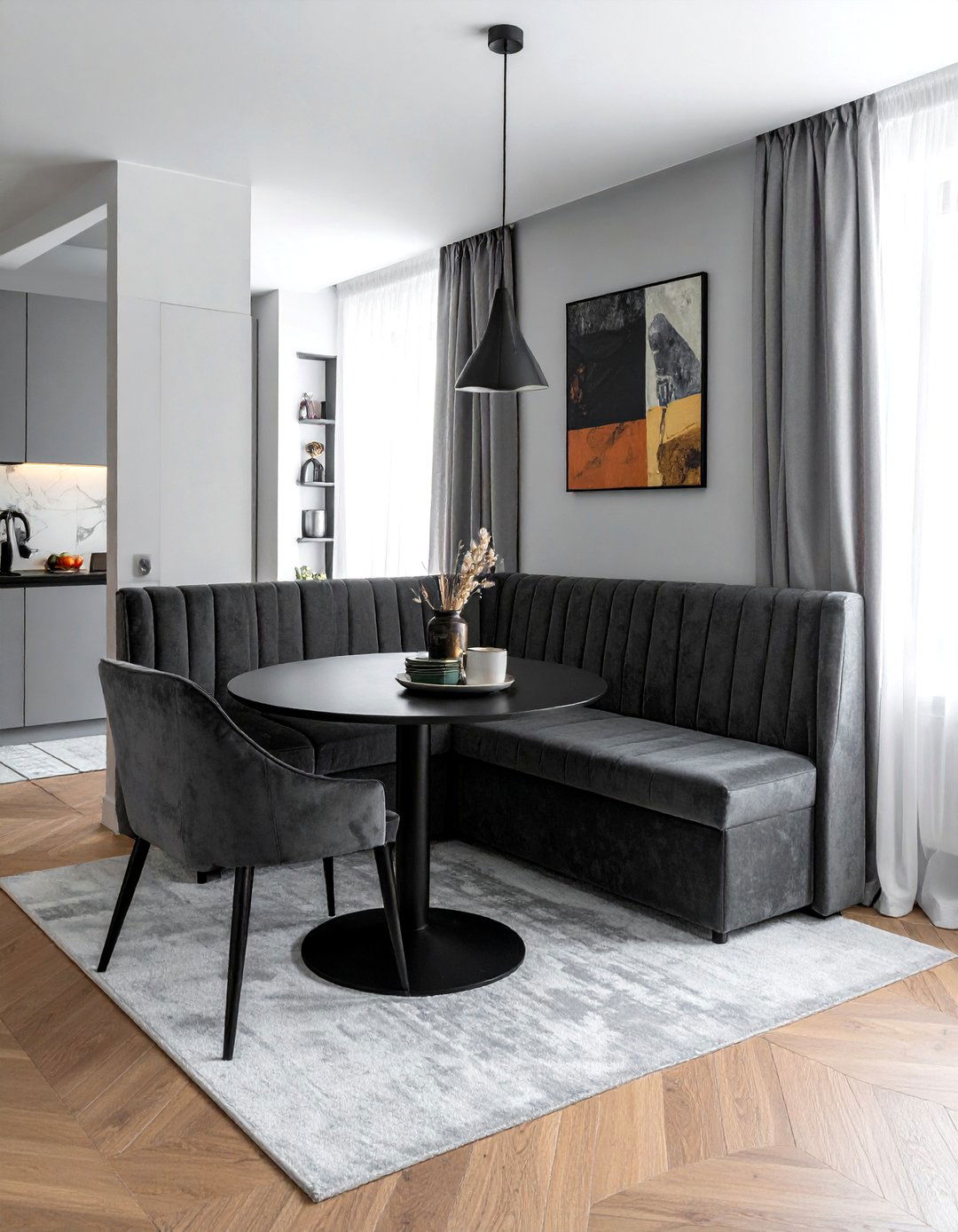 Grey tufted booth - 30 tufted banquette dining ideas