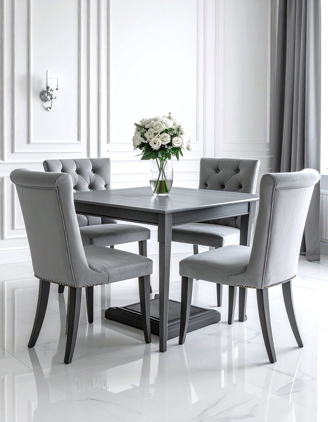 Grey tufted dining chair set - 30 grey dining room furniture ideas