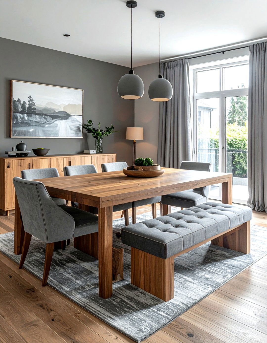 Grey upholstered dining chairs with bench - 30 grey dining room furniture ideas