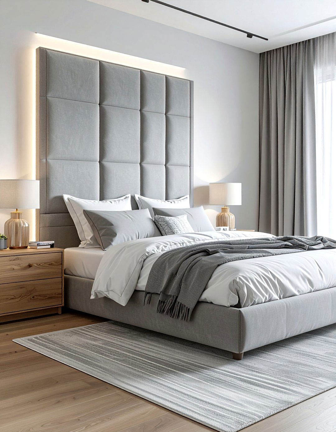 Grey upholstered headboard - 30 scandinavian grey bedroom ideas