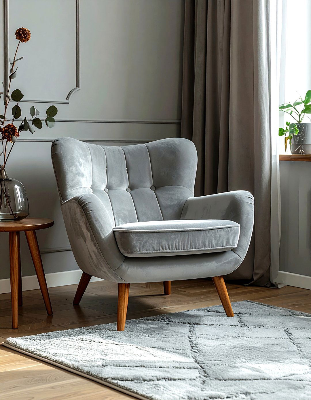 Grey velvet accent chair - 30 scandinavian grey bedroom ideas