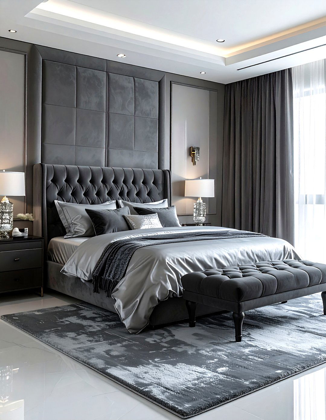 Grey velvet bedroom - 30 grey bedroom decor ideas