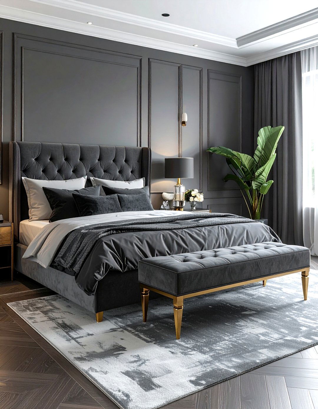 Grey velvet bench - 30 grey bedroom furniture ideas