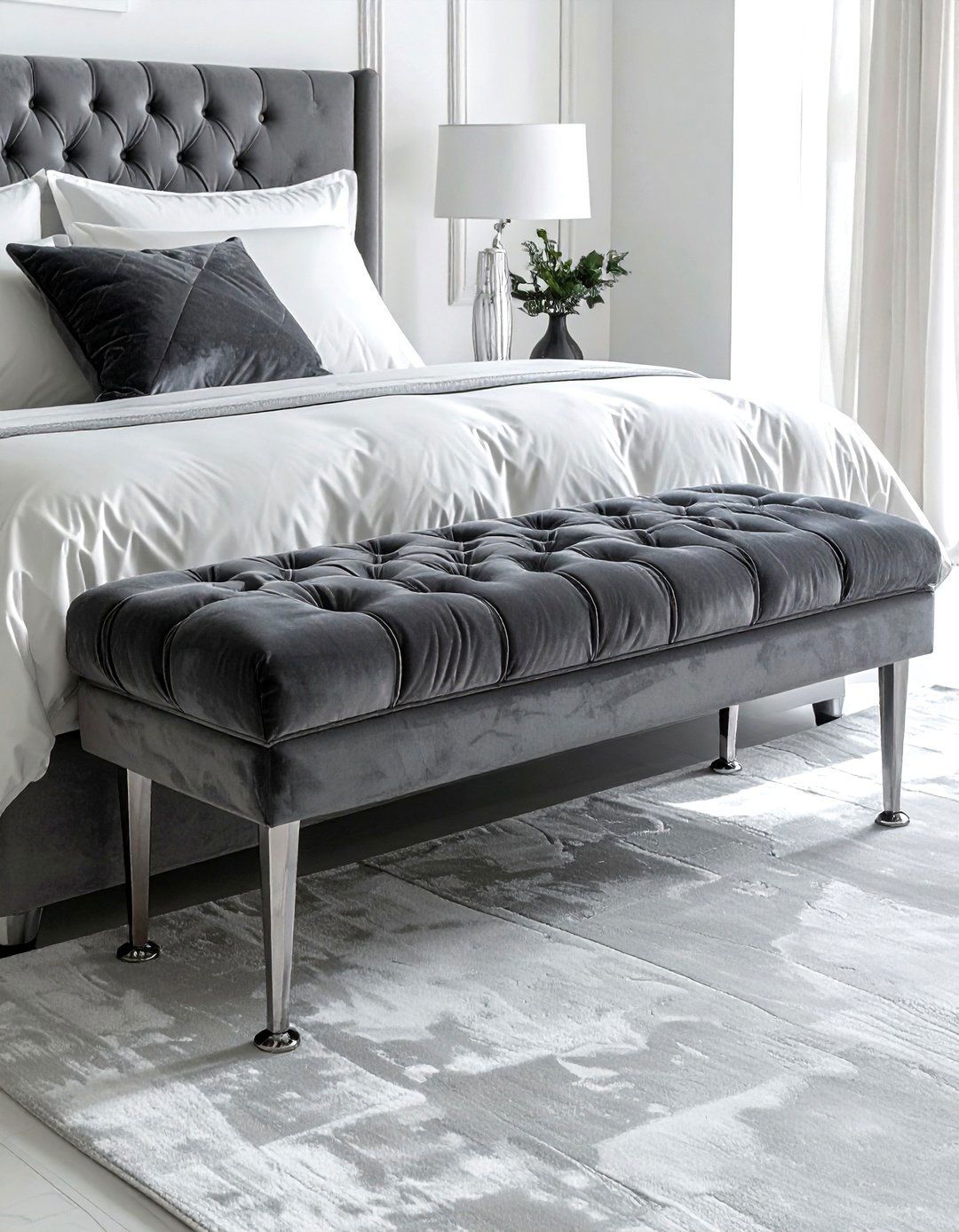 Grey velvet bench - 30 grey bedroom accessories ideas