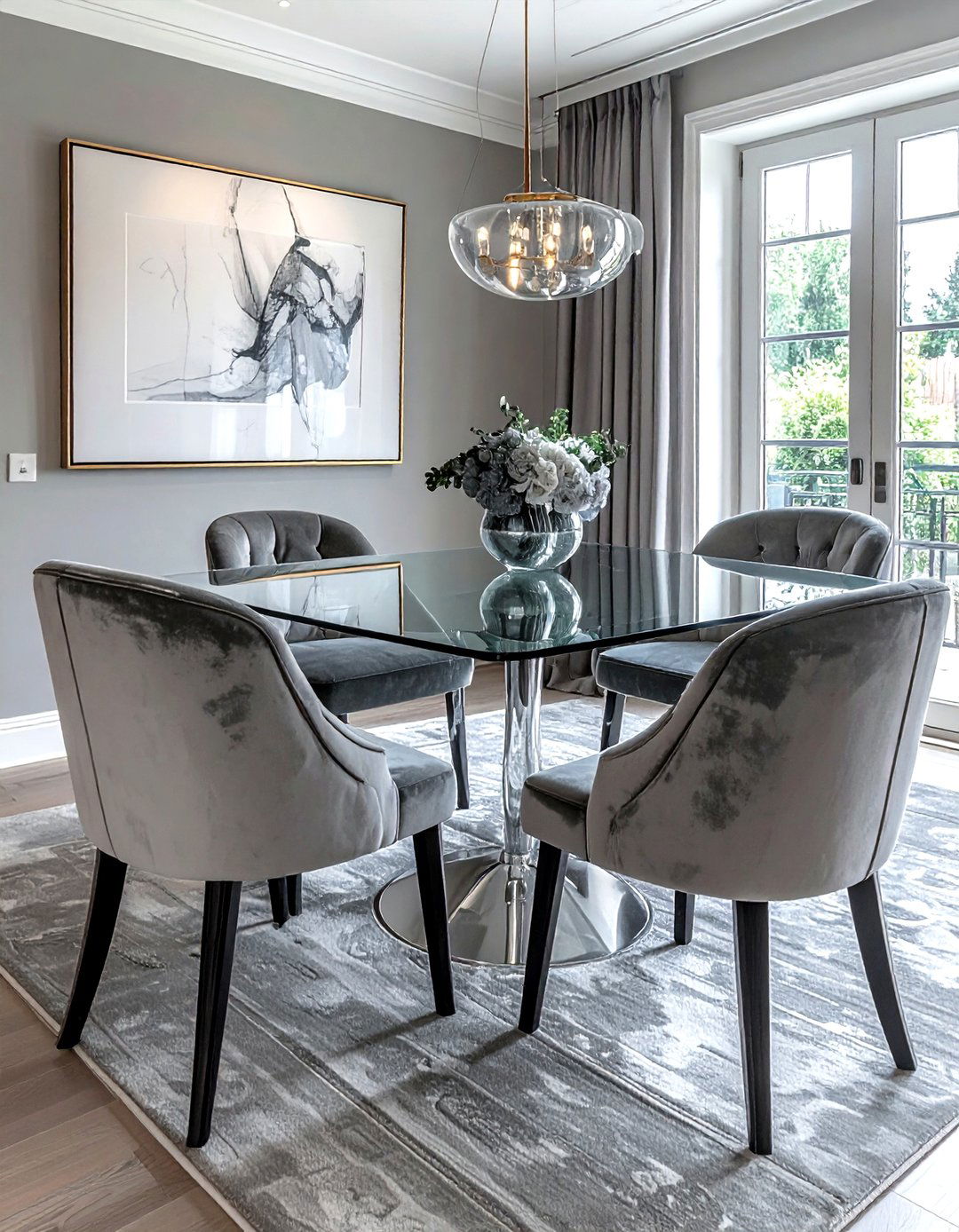 Grey velvet dining chair set - 30 grey dining room furniture ideas