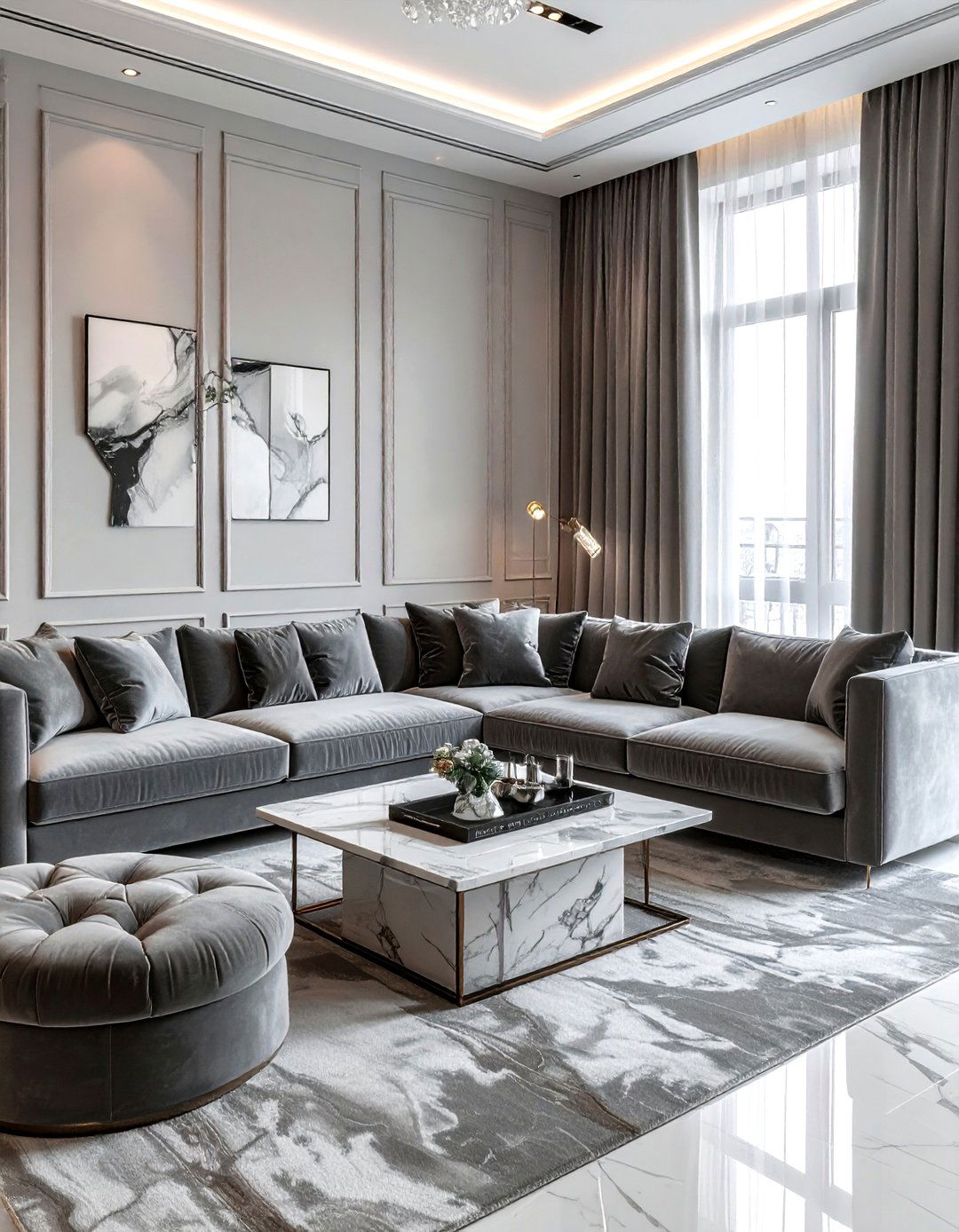 Grey velvet furniture - 30 grey living room decor ideas