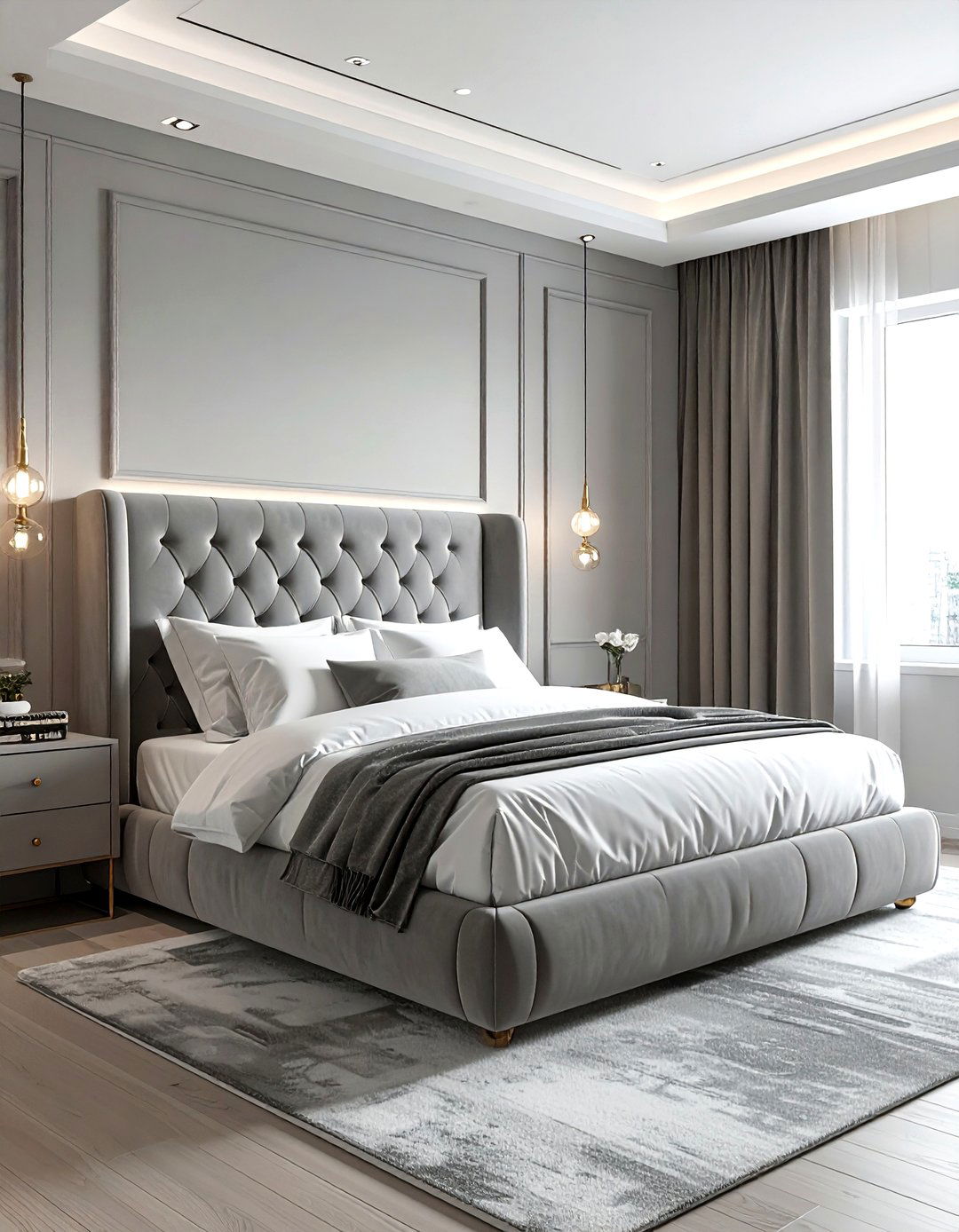 Grey velvet headboard bedroom - 30 contemporary grey bedroom ideas