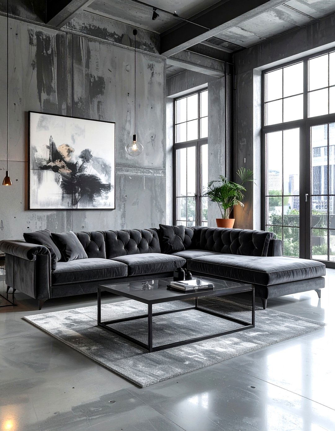 Grey velvet sofa industrial - 30 industrial grey living room ideas