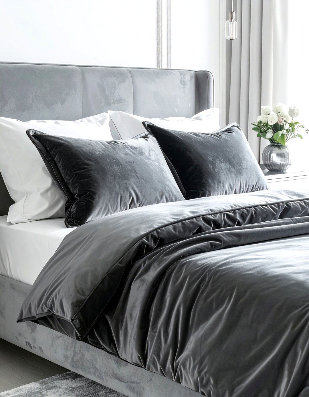 Grey velvet throw pillow - 30 grey bedroom accessories ideas