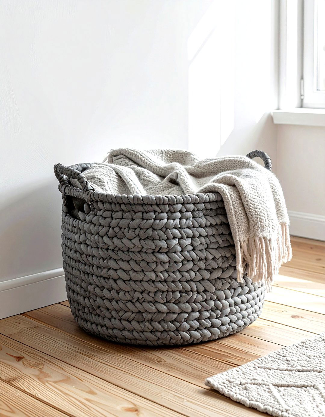 Grey woven storage basket - 30 grey bedroom accessories ideas
