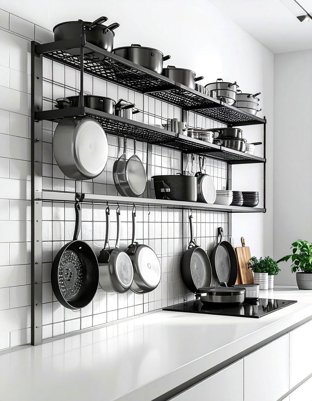 Grid wall pot rack - 30 kitchen pot rack ideas
