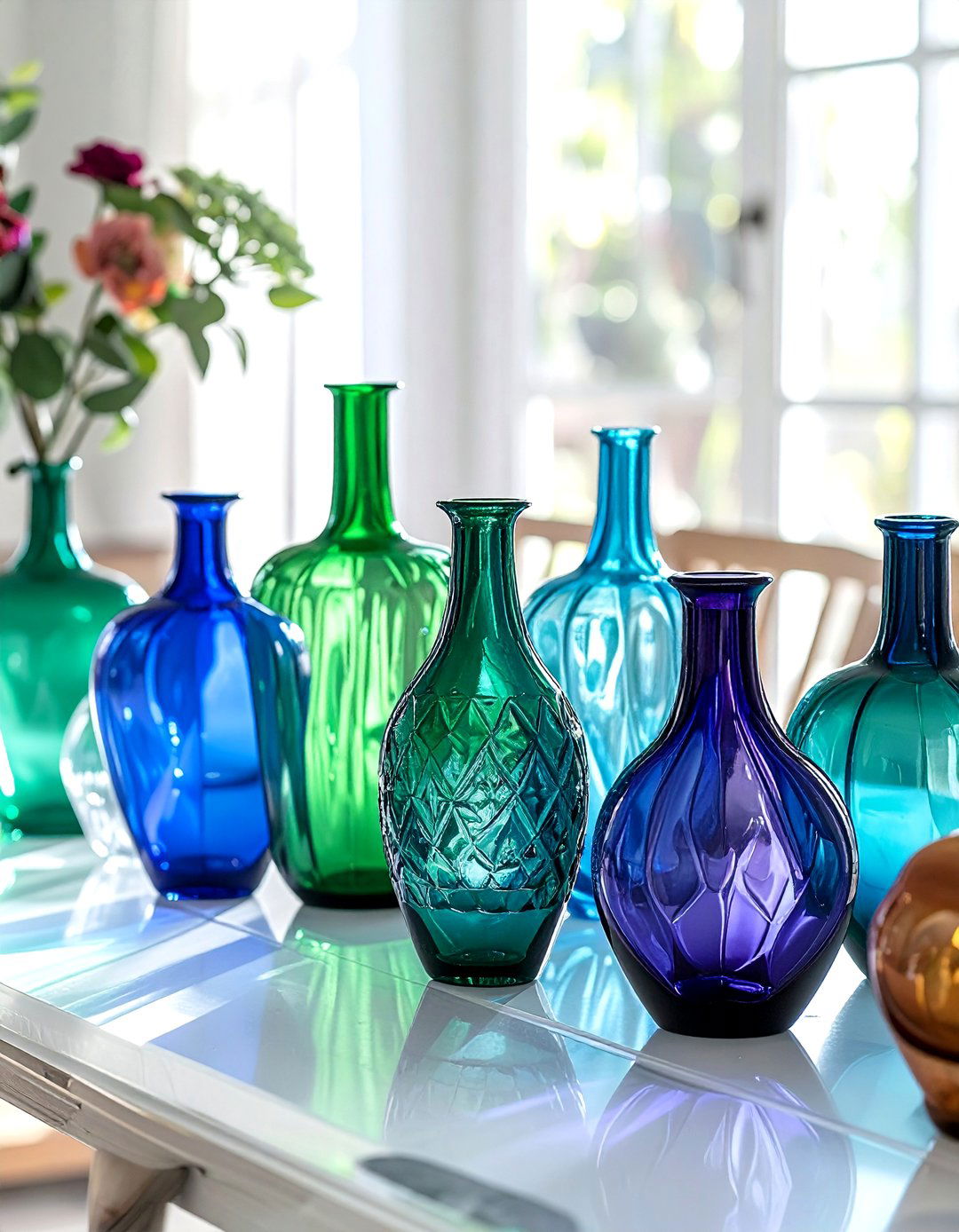 Grouped colored glass vases dining table - 30 vase ideas