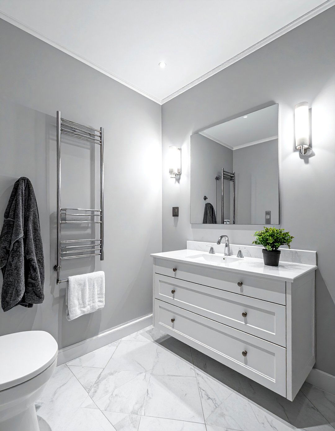 Guest bathroom with towel rack and small vanity - 30 bathroom furniture arrangement